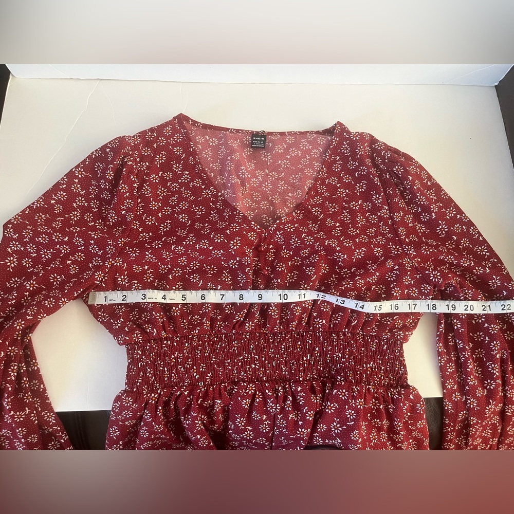 SHEIN Womens Top Boho  V Neck Floral Size L Long Sleeve Ruffle Hem, Shirred, - Picture 7 of 13